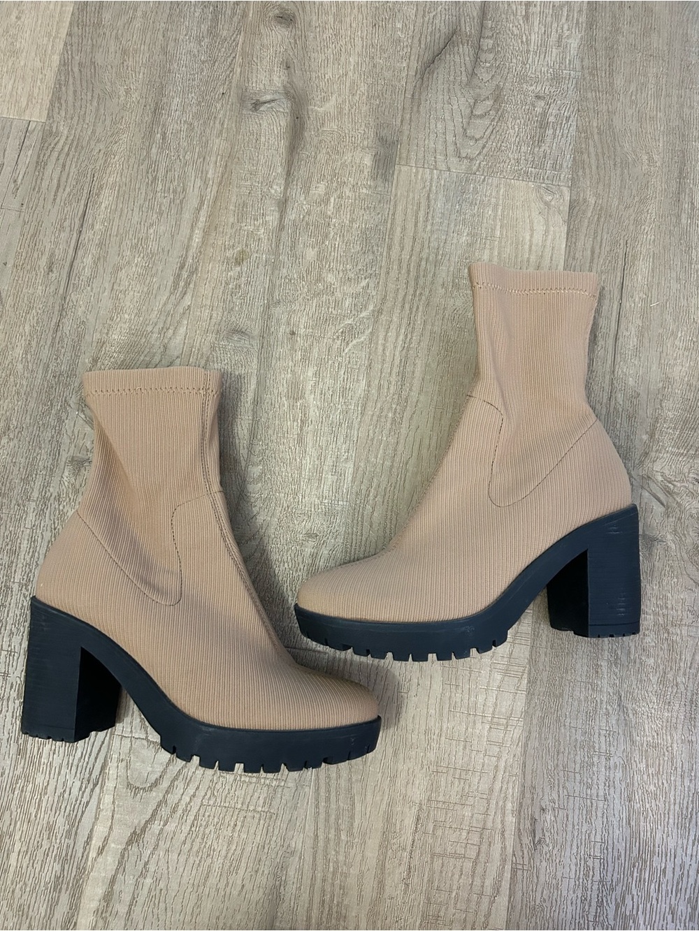 Simmi London Beige Sock Heeled Boots with Chunky Black Sole